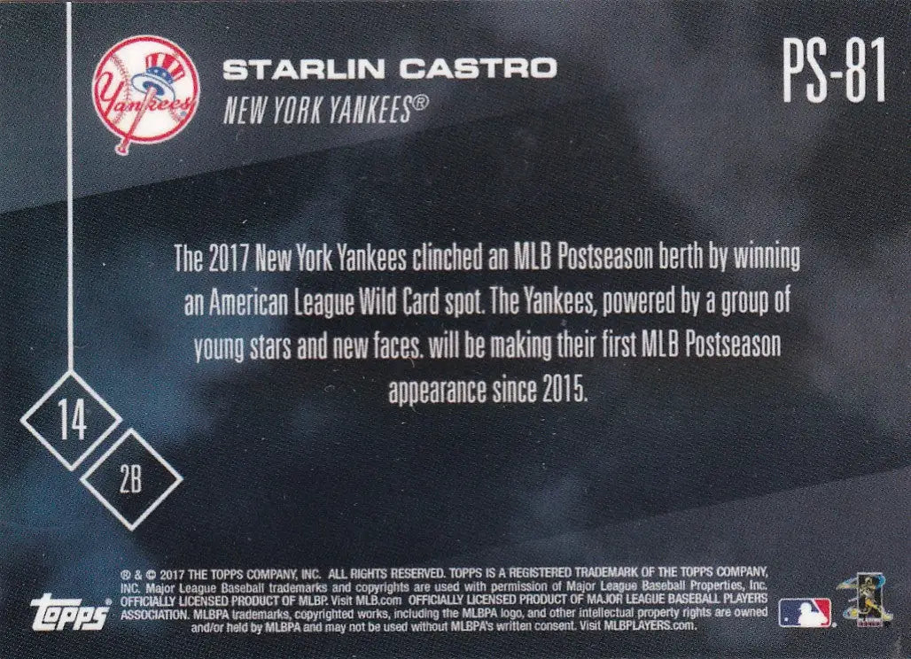 2017 TOPSP NOW POST SEASON #PS-81 STARLIN CASTRO- NEW YORK YANKEES - Baseball Card Single