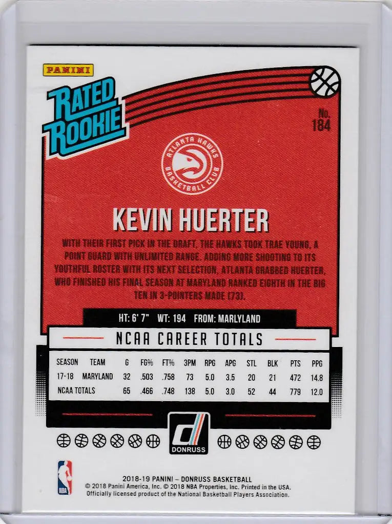 Basketball trading card of Kevin Huerter Atlanta Hawks 2018-19 Donruss #184