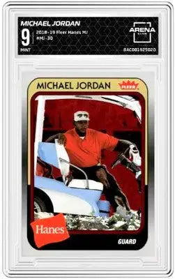 Hanes MJ Michael Jordan trading card from Fleer Hanes series graded 9 in red basketball arena