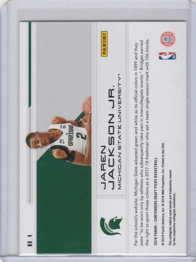 Basketball trading card of Jaren Jackson in Michigan State School Colors jersey number 2