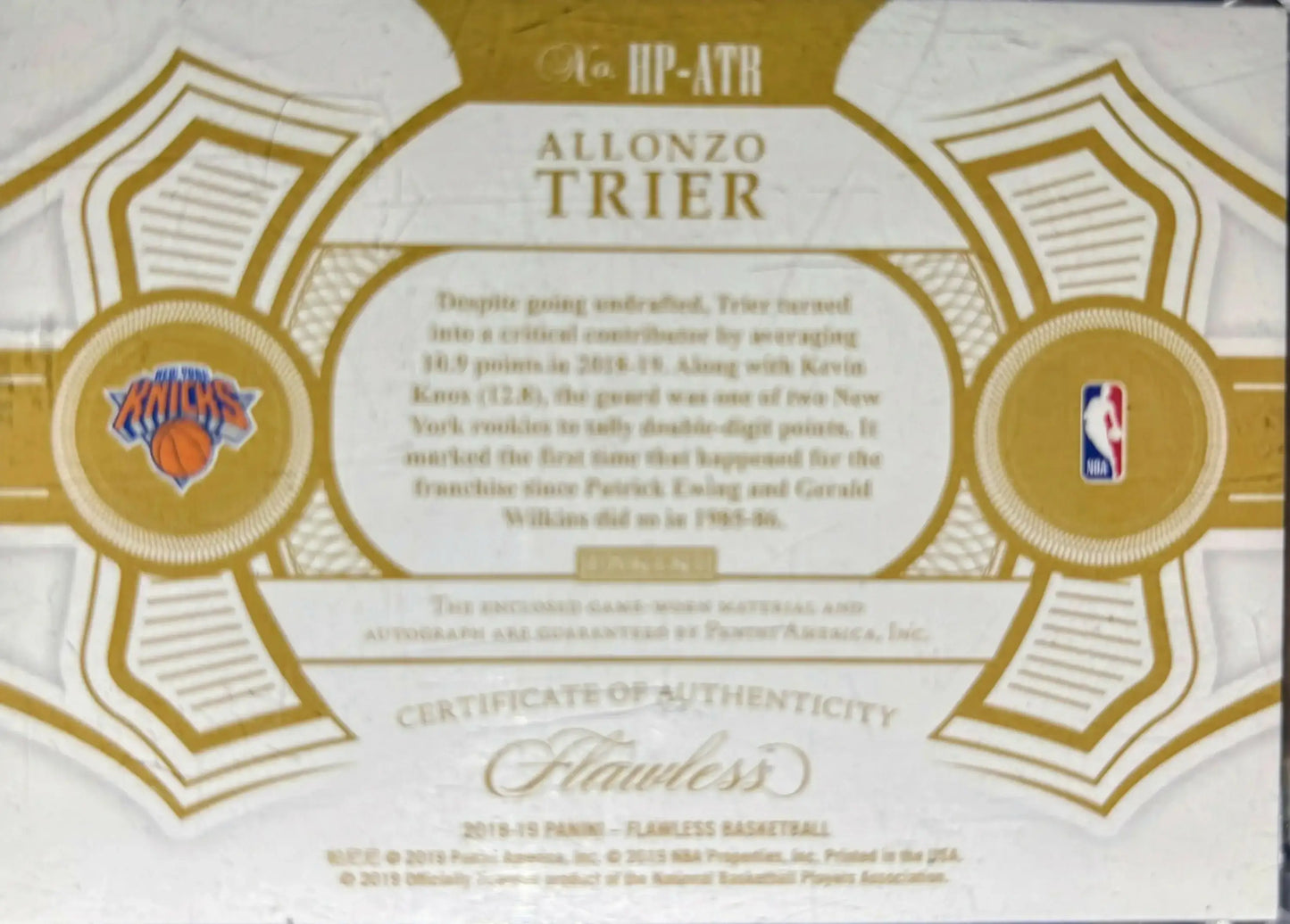 2018-19 PANINI FLAWLESS RUBY SSP 4 COLOR PATCH AUTO 10/15 ALLONZO TRIER NY KNICKS SSP - Basketball Card Single
