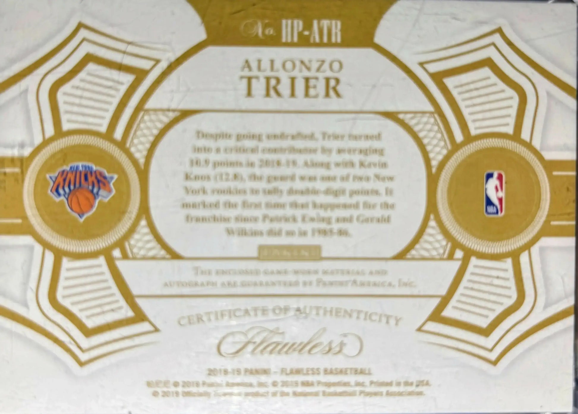 2018-19 PANINI FLAWLESS RUBY SSP 4 COLOR PATCH AUTO 10/15 ALLONZO TRIER NY KNICKS SSP - Basketball Card Single