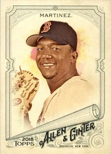 Original gloss baseball card of Pedro Martinez with smiling pitcher in Boston Red Sox cap