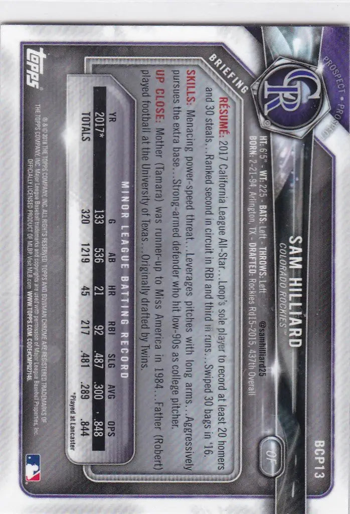 2018 Boman Chrome Prospects #BCP13 Sam Hilliard Colorado Rockies