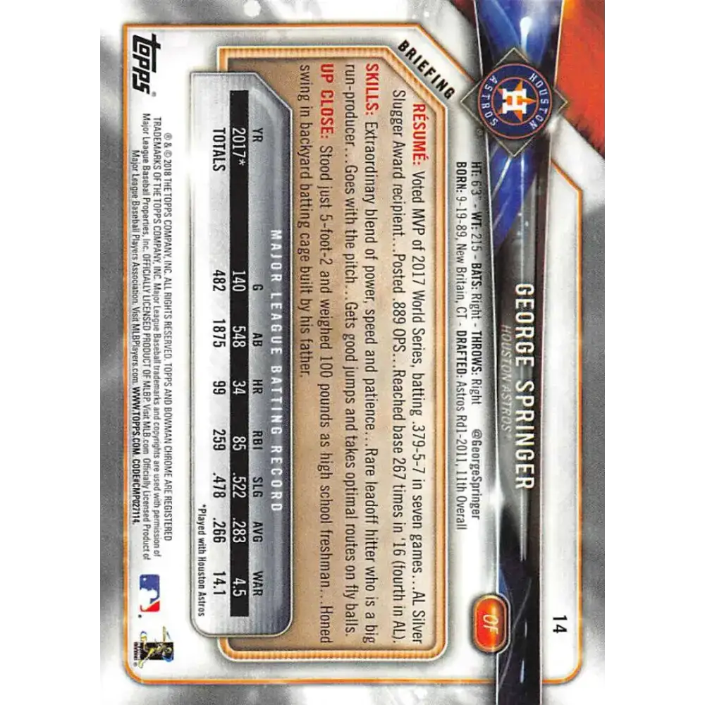 2018 Bowman #14 George Springer NM-MT Houston Astros Baseball Card - Baseball Card Single