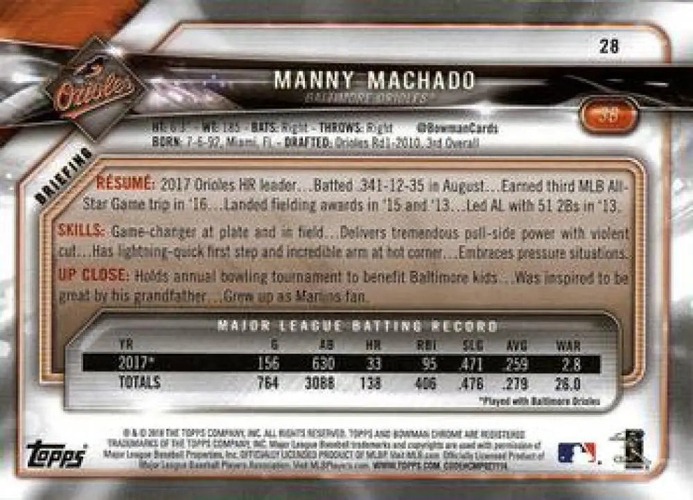 2018 Bowman #28 Manny Machado NM-MT Orioles ID:10920 - Baseball Card Single