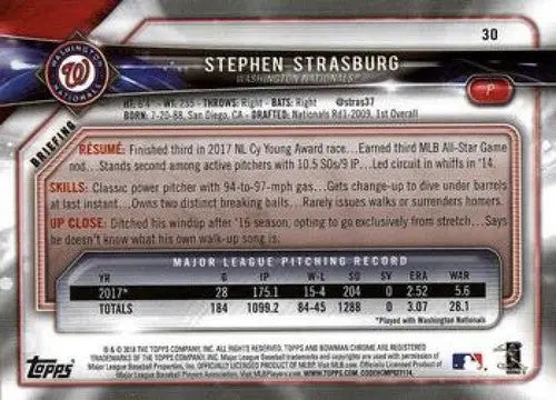 2018 Bowman #30 Stephen Strasburg NM-MT Nationals - Baseball Card Single
