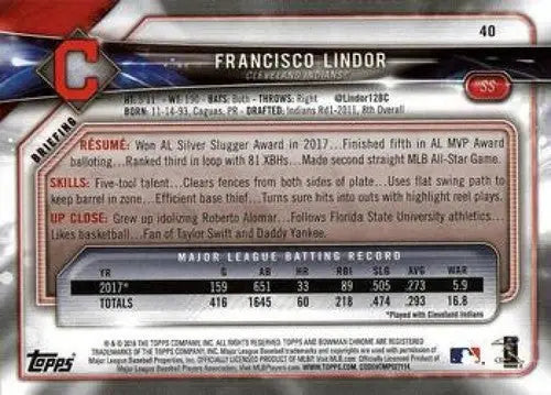 2018 Bowman Francisco Lindor baseball card with original gloss NM-MT Indians
