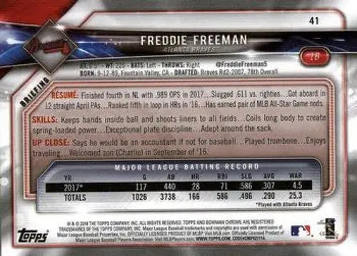 Back of a Freddie Freeman baseball card from 2018 Bowman #41 with original gloss, NM-MT