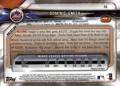2018 Bowman #55 Dominic Smith NM-MT RC Rookie Mets - Baseball Card Single
