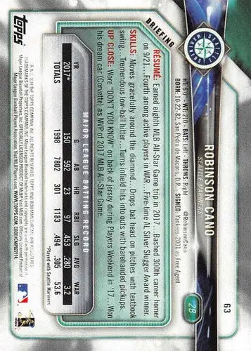 2018 Bowman #63 Robinson Cano NM-MT Mariners ID:11141 - Baseball Card Single