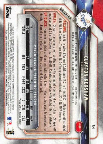 2018 Bowman #64 Clayton Kershaw NM-MT Dodgers - Baseball Card Single
