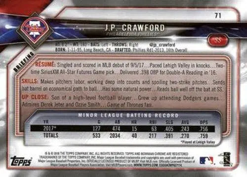 2018 Bowman #71 J.P. Crawford NM-MT RC Rookie Phillies ID:10941 - Baseball Card Single