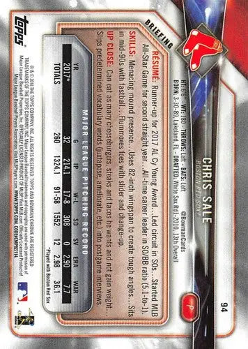 2018 Bowman #94 Chris Sale NM-MT Red Sox - Baseball Card Single