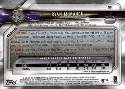 2018 Bowman #99 Ryan McMahon NM-MT RC Rookie Rockies ID:10951 - Baseball Card Single
