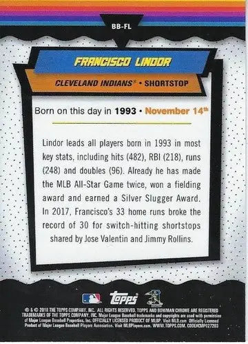 Original gloss of Francesco Lindor Baseball card back from Bowman Birthdays series