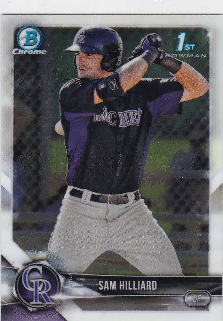 Sam Hilliard batting on 2018 Bowman Chrome #BCP-13 Colorado Rockies baseball card