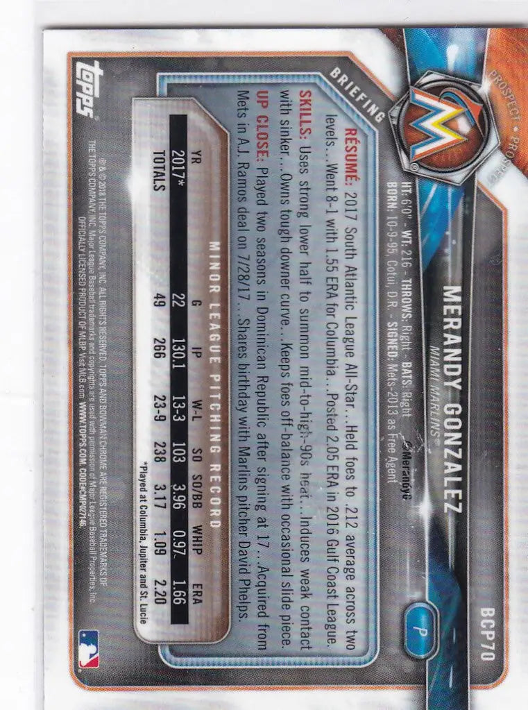 Baseball trading card of Merandy Gonzalez showcasing BCP70 stats for Miami Marlins