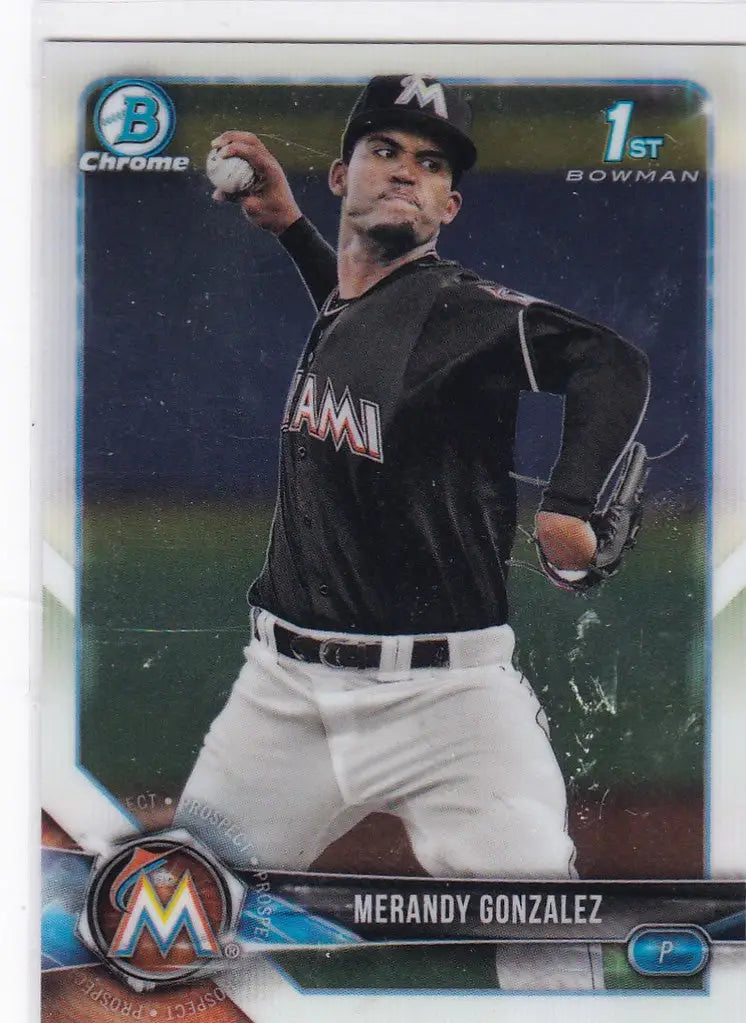 Baseball card of BCP70 Merandy Gonzalez Miami Marlins in mid-throwing motion