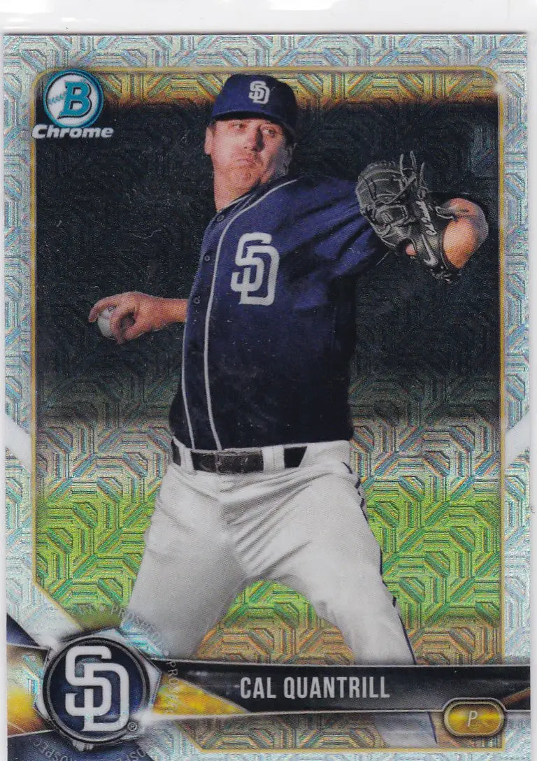 Baseball trading card featuring Cal Quantrill San Diego Padres in Bowman Chrome Mojo BCP115
