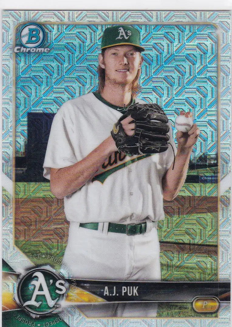 2018 Bowman Chrome MOJO A.J. Puk Athletics baseball card with glove and ball on blue background