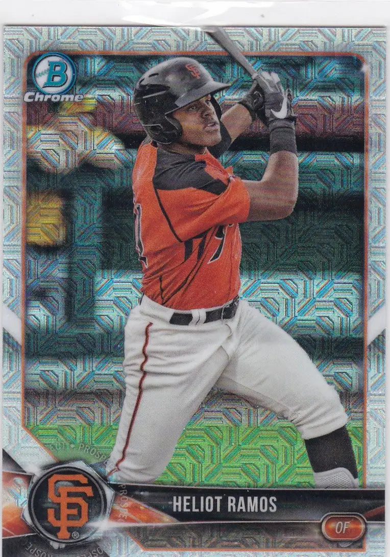 Baseball trading card featuring Heliot Ramos San Francisco Giants Bowman Chrome Mojo BCP143