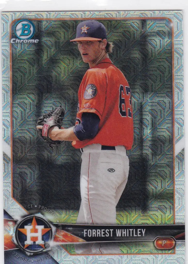 Baseball card of Forrest Whitley Houston Astros from 2018 Bowman Chrome Mojo BCP147