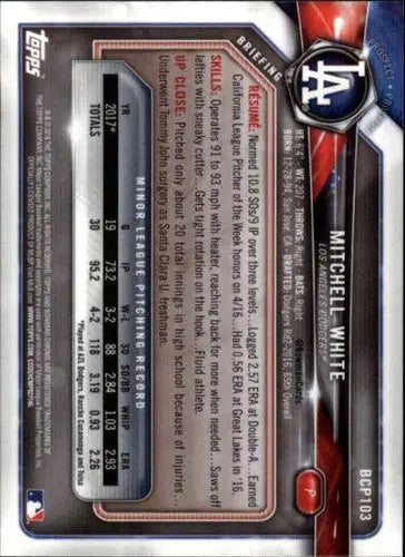 2018 Bowman Chrome Prospects #BCP103 Mitchell White NM-MT Dodgers - Baseball Card Single