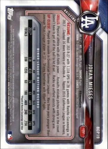 Baseball card back of 2018 Bowman Chrome Prospects BCP19 Johan Mieses Dodgers