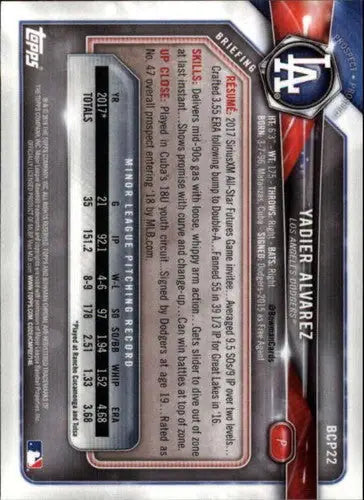 2018 Bowman Chrome Prospects #BCP22 Yadier Alvarez NM-MT Dodgers - Baseball Card Single