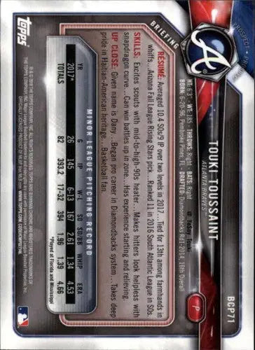 Original gloss Bowman Chrome prospects card featuring BCP71 Touki Toussaint NM-MT Braves