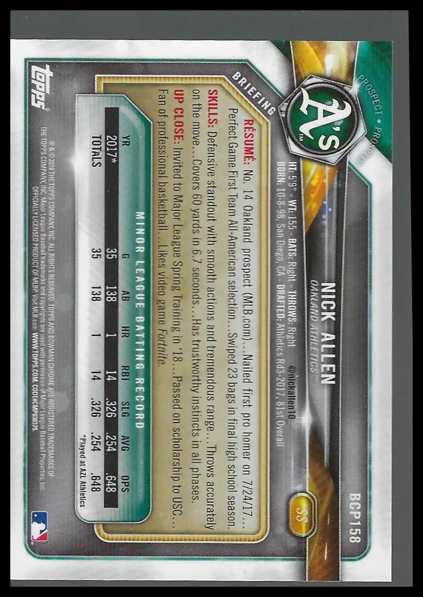 2018 Bowman Chrome Prospects Green Refractor #BCP158 Nick Allen #70/99 - Baseball Card Single