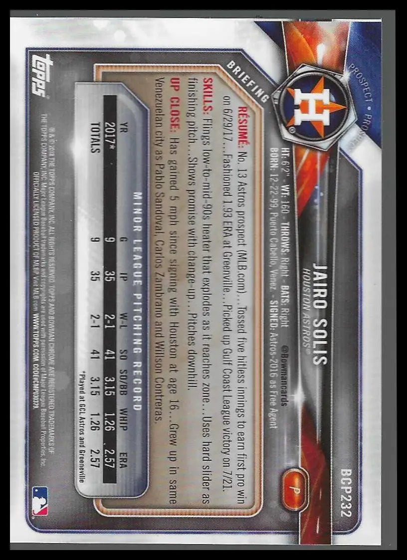 2018 Bowman Chrome Prospects Purple Shimmer Refractor #BCP232 Jairo Solis