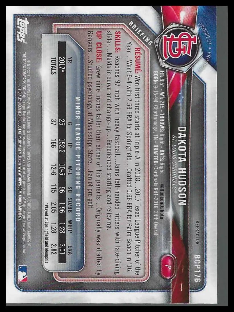 2018 Bowman Chrome Prospects Refractor #BCP176 Dakota Hudson #229/499