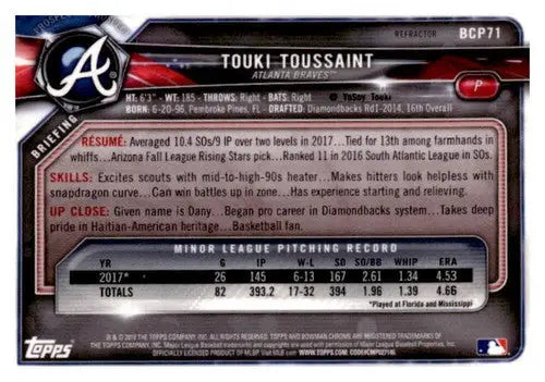 Baseball card back with original gloss from Bowman Chrome Prospects Touki Toussaint