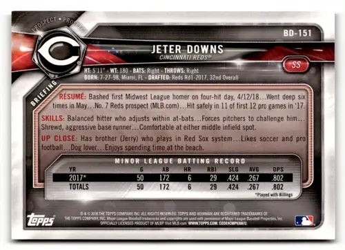 2018 Bowman Draft #BD-151 Jeter Downs EX/NM Reds ID:52060 - Baseball Card Single