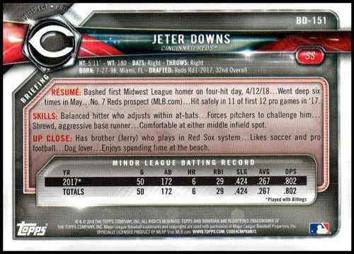 Jeter Downs Bowman Draft baseball card back with original gloss from 2018 Bowman Draft