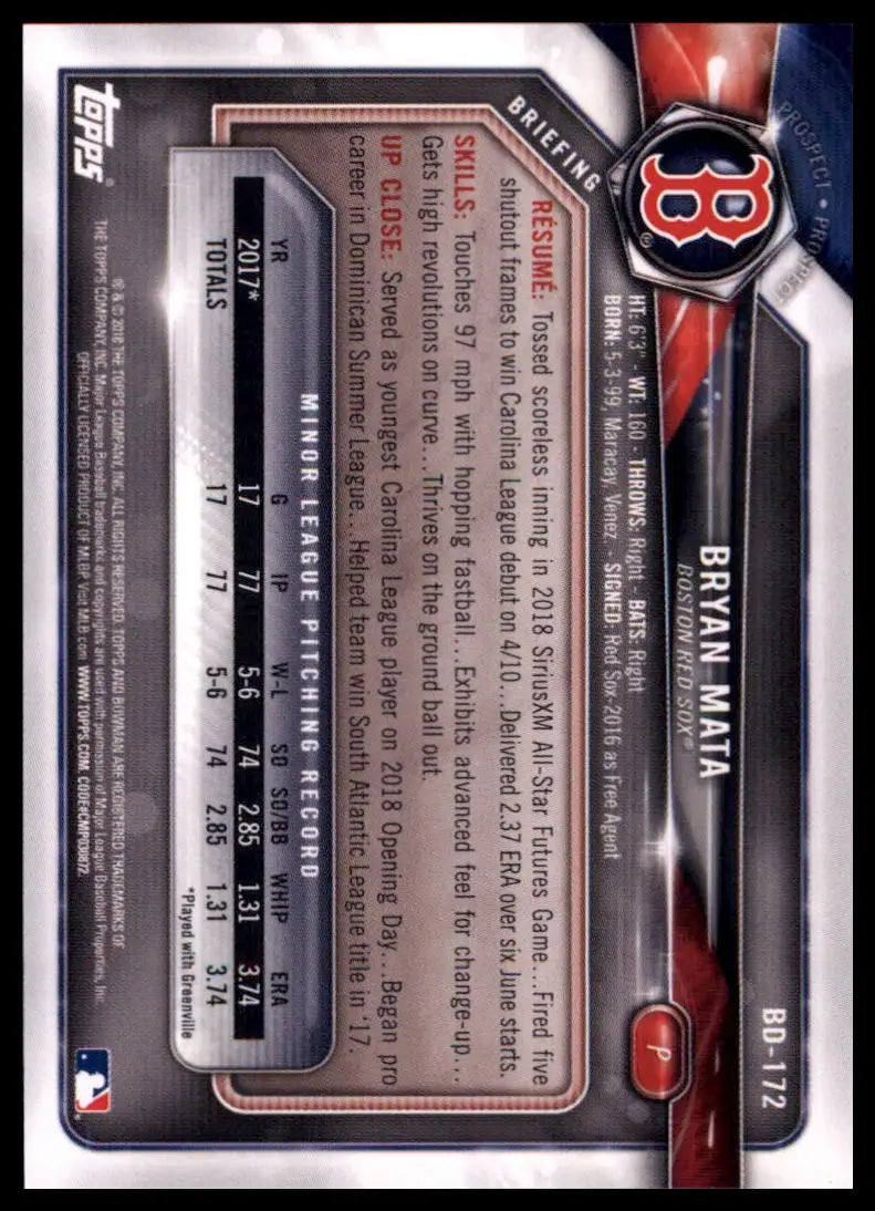 2018 Bowman Draft Bryan Mata BD-172 Boston Red Sox NM - Baseball Card Single