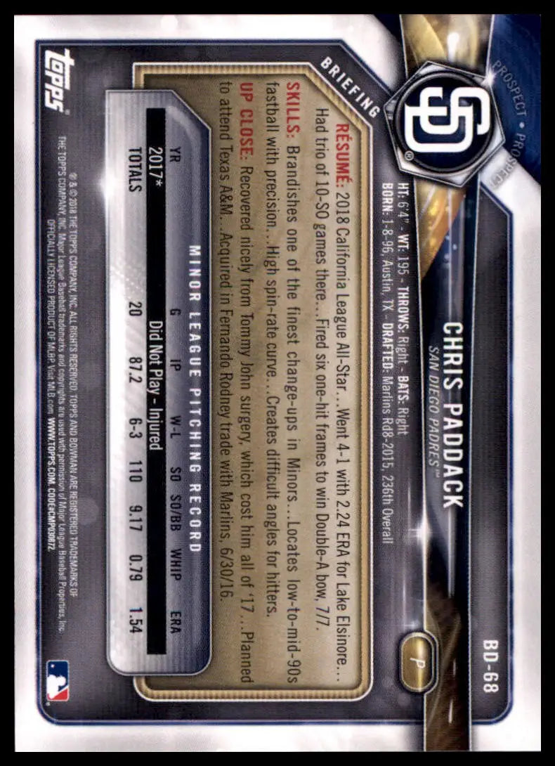 2018 Bowman Draft Chris Paddack BD-68 San Diego Padres NM - Baseball Card Single
