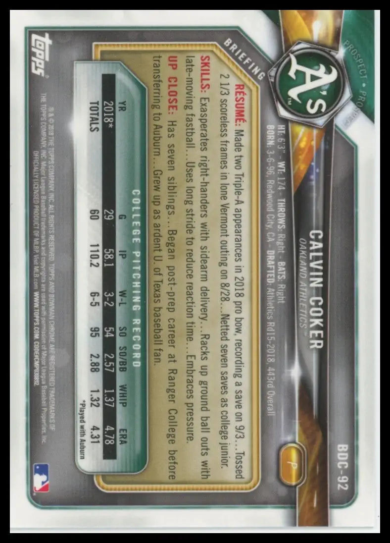 2018 Bowman Draft - Chrome Calvin Coker BDC-92 Oakland Athletics NM - Baseball Card Single