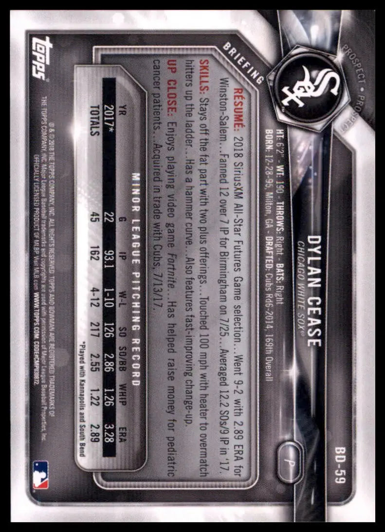 2018 Bowman Draft Dylan Cease BD-59 Chicago White Sox NM - Baseball Card Single