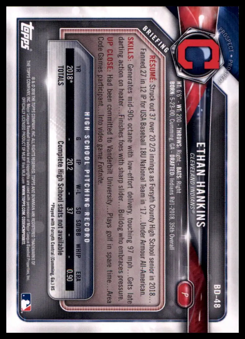 2018 Bowman Draft Ethan Hankins BD-48 1st Cleveland Indians NM - Baseball Card Single