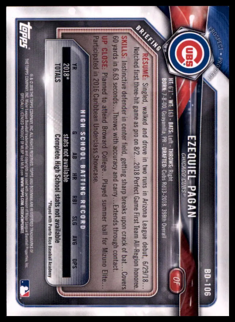 2018 Bowman Draft Ezequiel Pagan BD-106 Chicago Cubs NM - Baseball Card Single