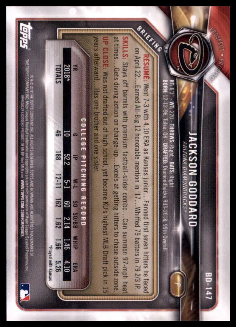 2018 Bowman Draft Jackson Goddard BD-147 1st Arizona Diamondbacks NM - Baseball Card Single
