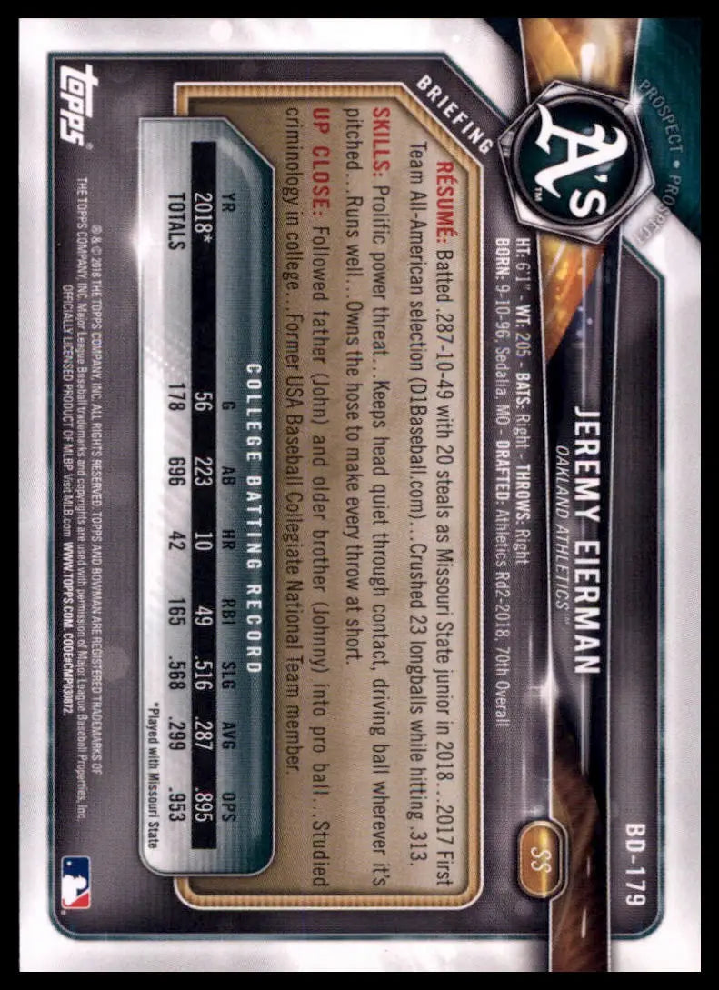 2018 Bowman Draft Jeremy Eierman BD-179 Oakland Athletics NM - Baseball Card Single