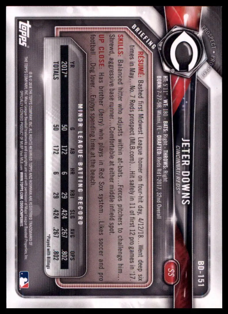 2018 Bowman Draft Jeter Downs BD-151 Cincinnati Reds NM - Baseball Card Single