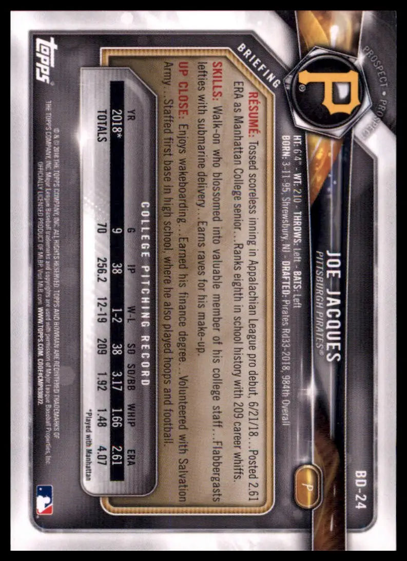 2018 Bowman Draft Joe Jacques BD-24 Pittsburgh Pirates NM - Baseball Card Single