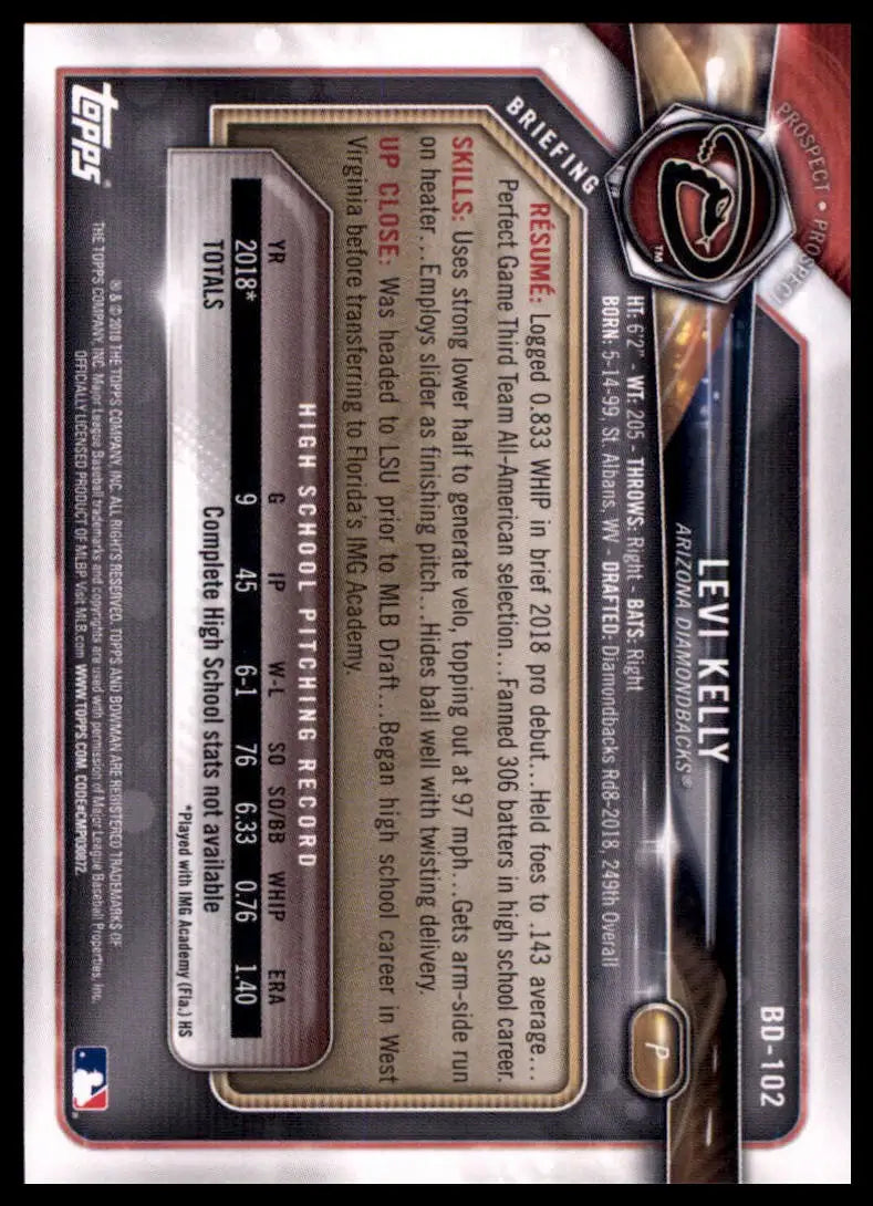 2018 Bowman Draft Levi Kelly BD-102 Arizona Diamondbacks NM - Baseball Card Single