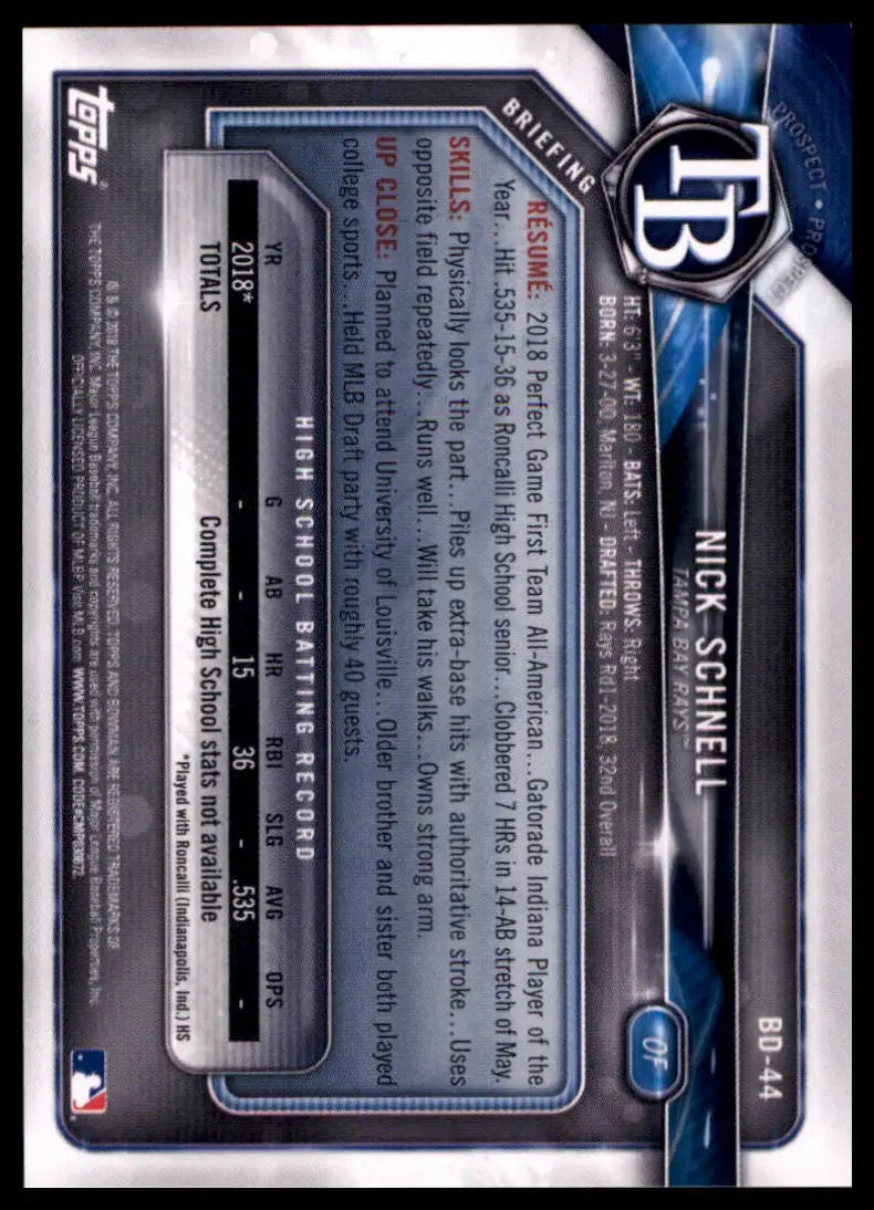 2018 Bowman Draft Nick Schnell BD-44 Tampa Bay Rays NM - Baseball Card Single
