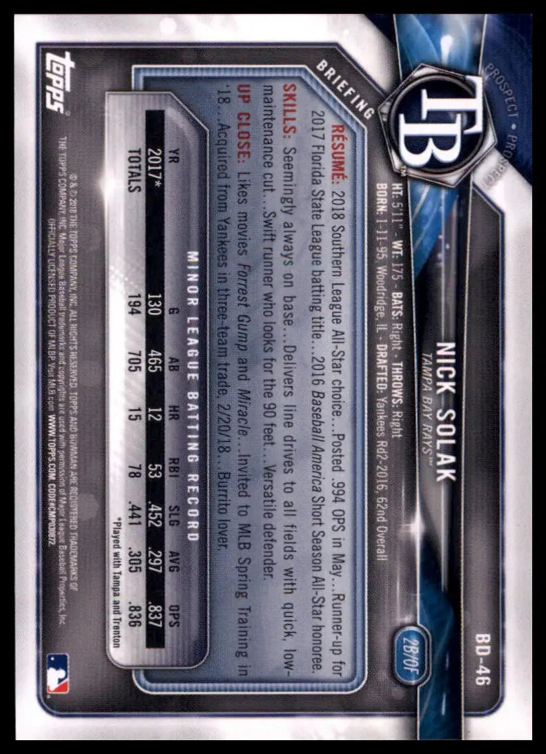 2018 Bowman Draft Nick Solak BD-46 Tampa Bay Rays NM - Baseball Card Single